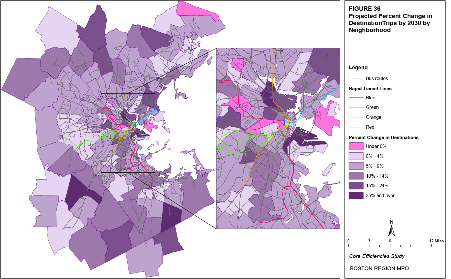 This map shows the projected percent change in destination trips by neighborhood.